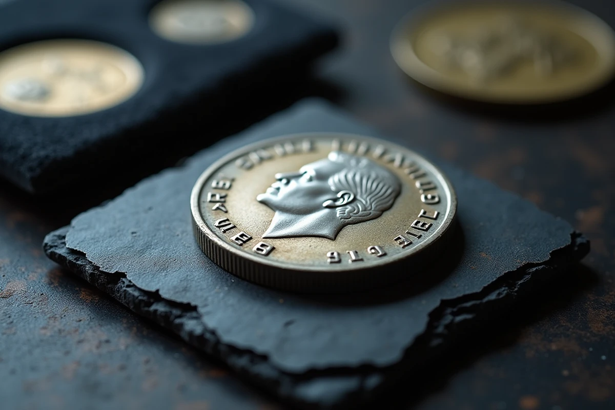 Pièce de 5 francs suisse 1960 en argent posée sur ardoise avec détails du relief Helvetia