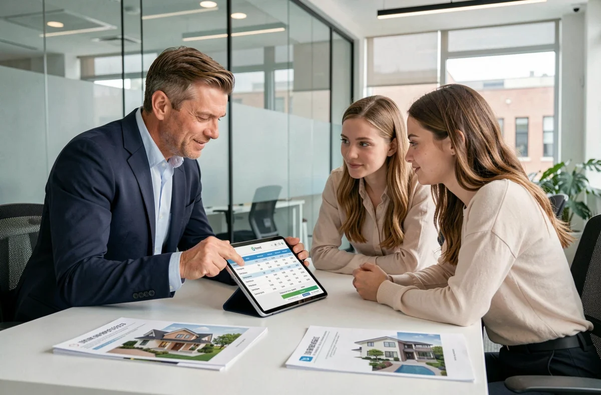Spécialiste en courtage immobilier de PIM Prêt Immobilier Malin présentant une simulation de financement à un couple dans un bureau moderne