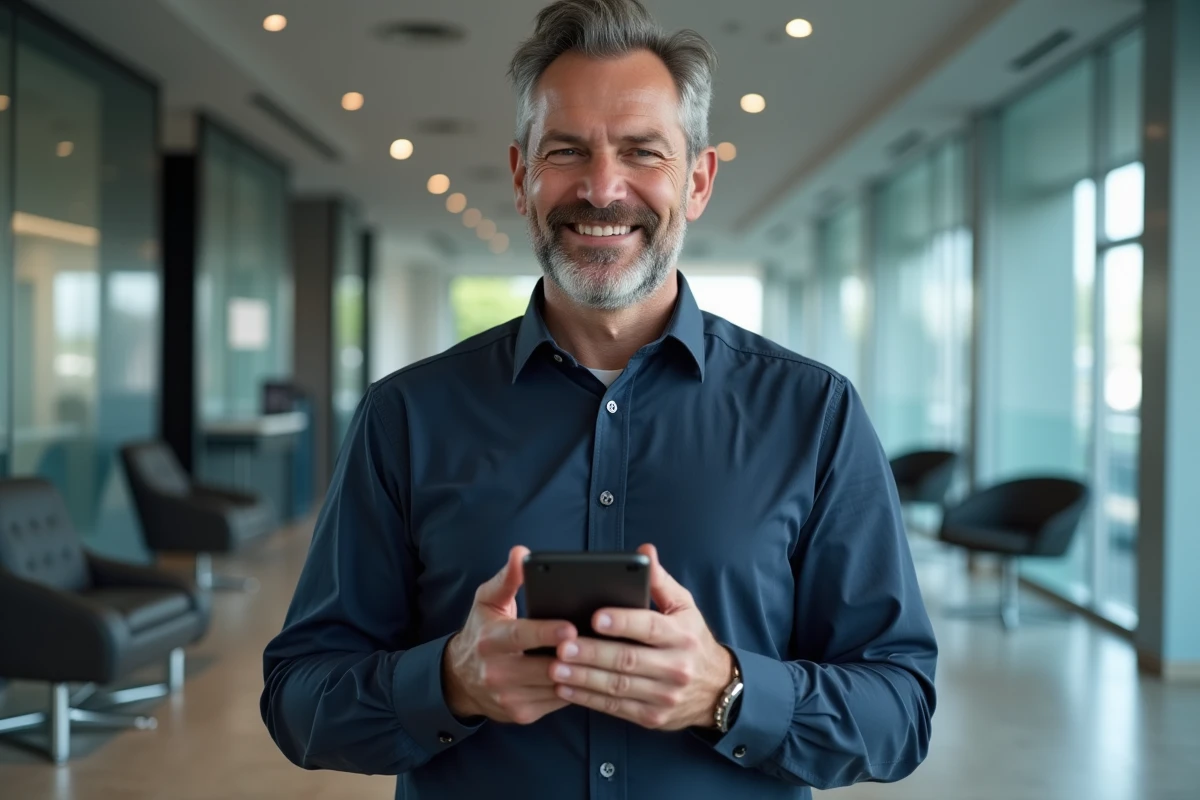 Homme consultant les plafonds de sa carte bancaire sur une application mobile dans une agence bancaire
