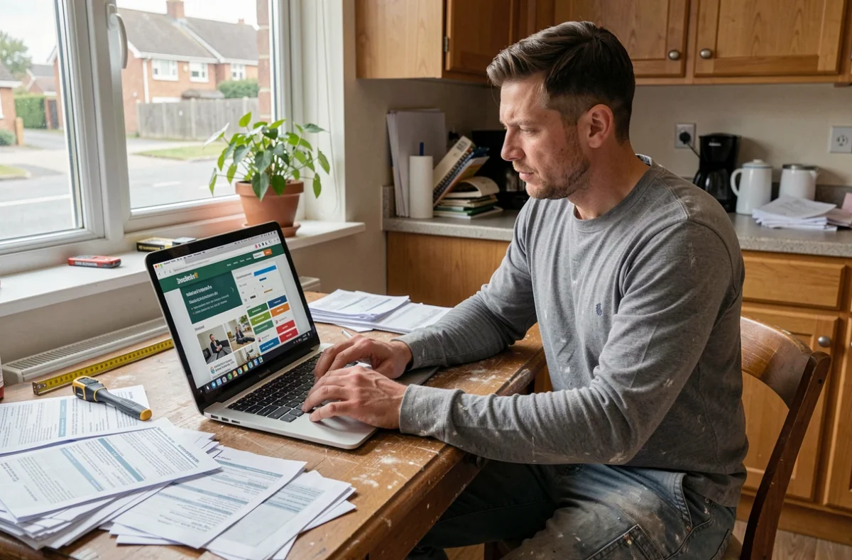 Plaquiste indépendant comparant des prix d'assurance décennale sur son ordinateur portable à domicile