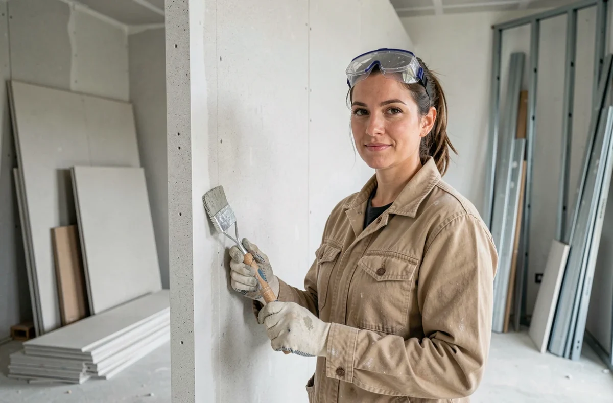 Plaquiste femme sur chantier résidentiel devant une cloison en plaques de plâtre fraîchement posée