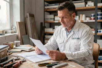 Plaquiste indépendant consultant un document d'assurance décennale dans son atelier