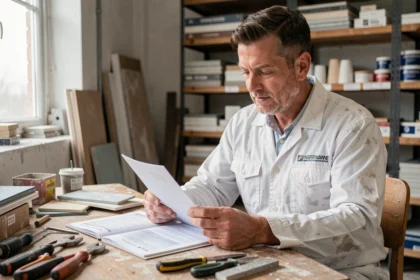 Plaquiste indépendant consultant un document d'assurance décennale dans son atelier