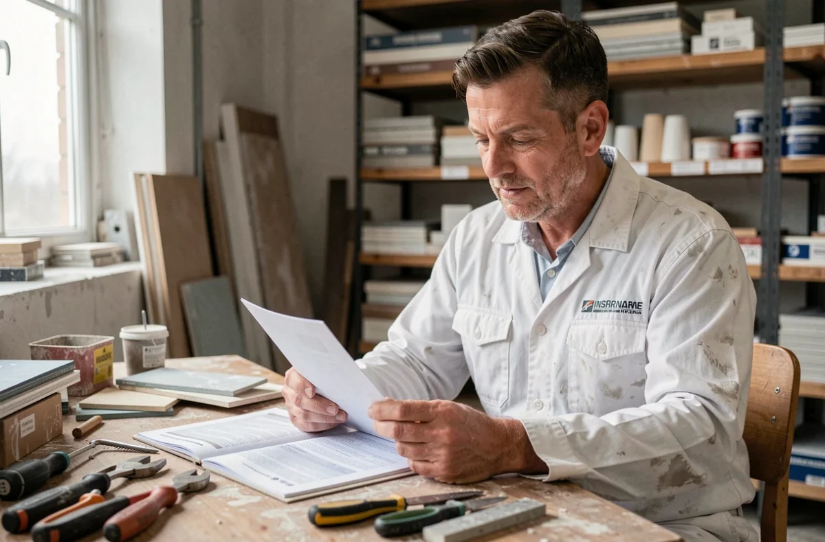 Plaquiste indépendant consultant un document d'assurance décennale dans son atelier