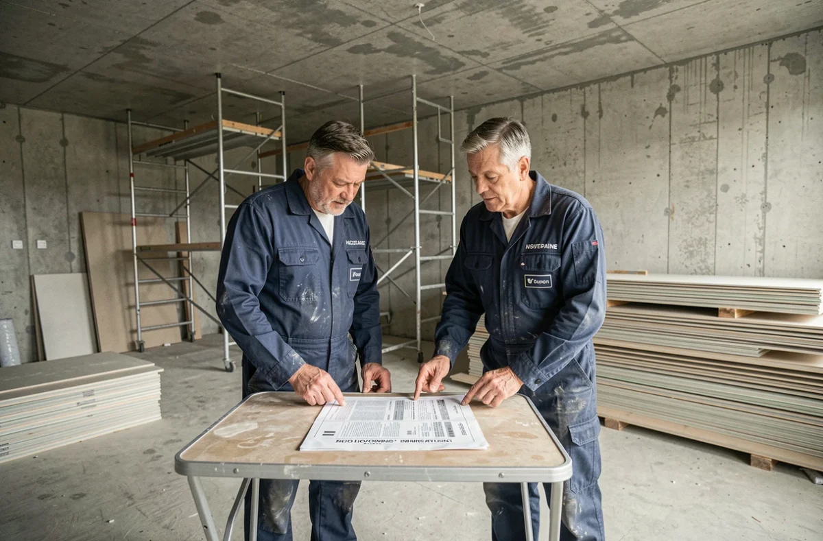 Deux plaquistes discutant d'un devis d'assurance décennale sur un chantier d'appartement en rénovation