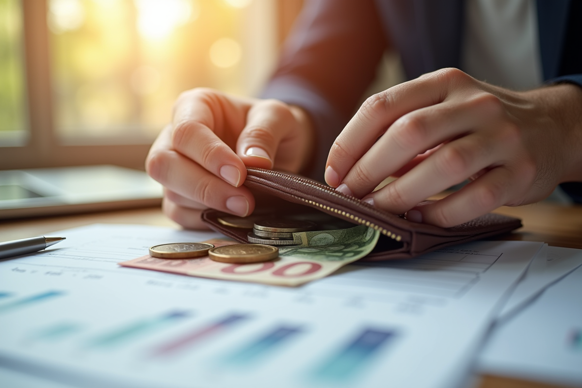 Mains tenant un portefeuille avec des billets et pièces d