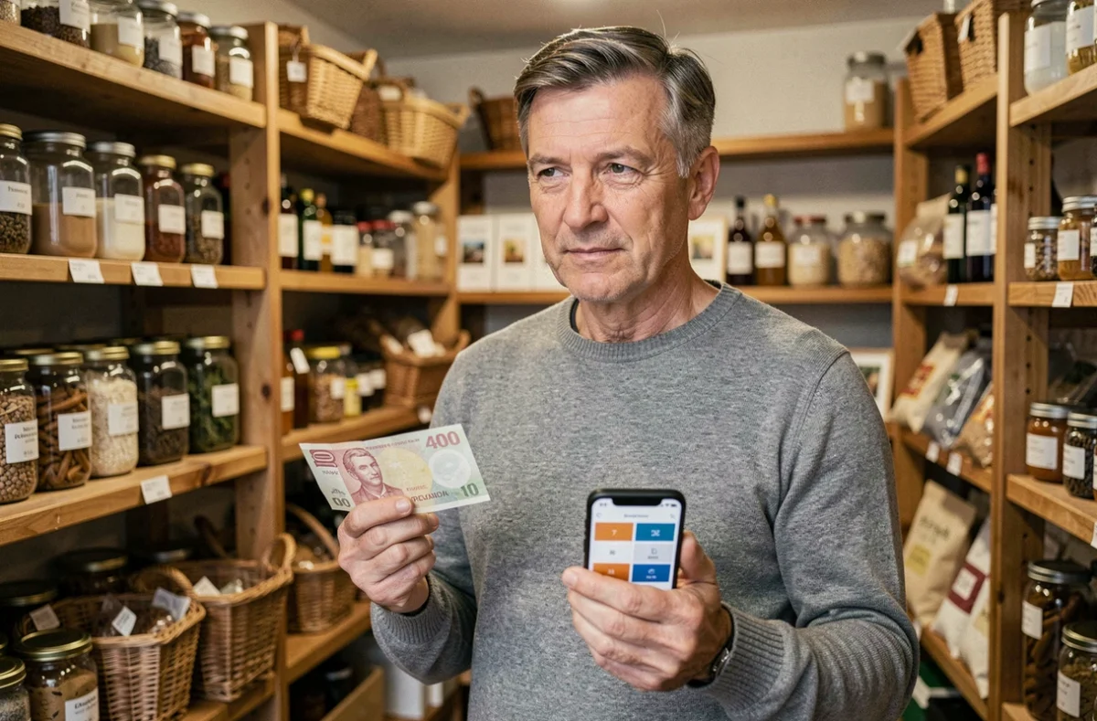 Homme tenant un billet de 400 francs et consultant une application de conversion en euros dans une épicerie française