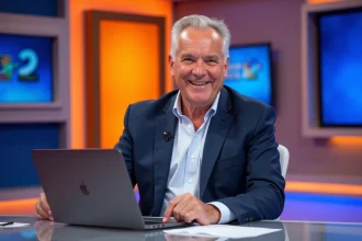 Présentateur télévision en studio moderne avec écran digital