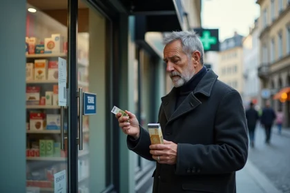 Homme tenant un paquet de cigarettes et un billet en euros devant une pharmacie suisse en 2026