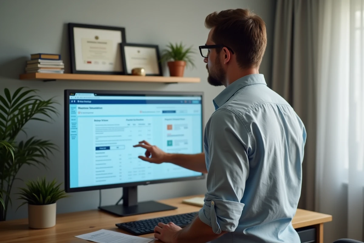 Professeur consultant un simulateur de salaire en ligne depuis son bureau à domicile pour une mutation