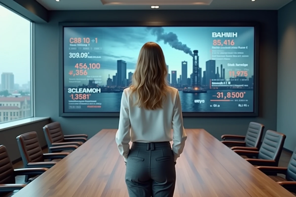 Professionnelle de la finance analysant le cours de l'action ArcelorMittal dans une salle de réunion moderne