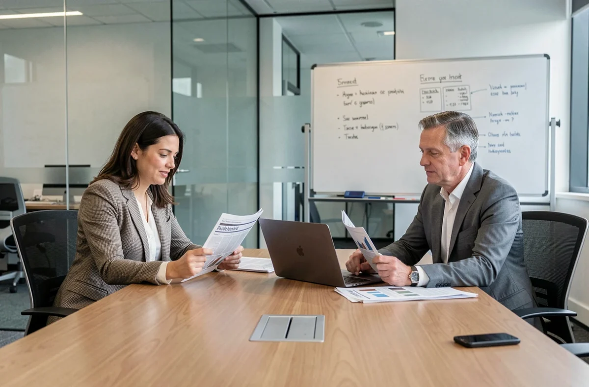 Deux professionnels comparant des sources d'actualité financière imprimées et numériques lors d'une réunion de travail