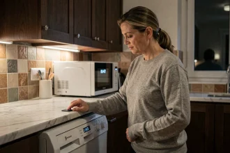 Femme programmant son lave-vaisselle en heures creuses la nuit dans une cuisine moderne