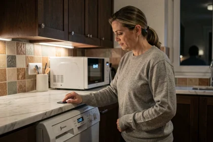 Femme programmant son lave-vaisselle en heures creuses la nuit dans une cuisine moderne