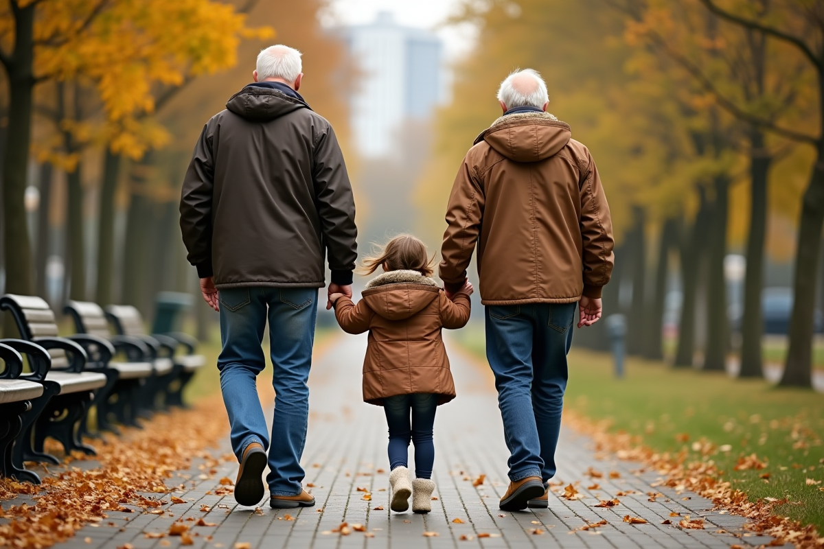Homme et son père âgé marchant avec une petite fille dans le parc