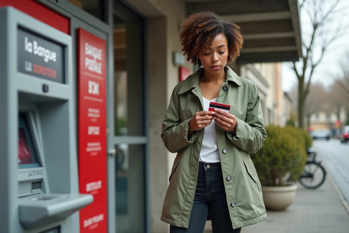 Jeune femme rangeant discrètement ses billets après un retrait au distributeur de La Banque Postale en extérieur
