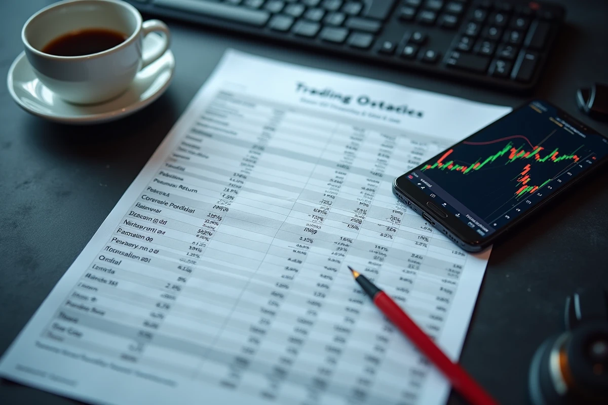 Vue de dessus d'un rapport imprimé de performance d'un robot trading EA avec smartphone affichant MetaTrader et statistiques de rendement