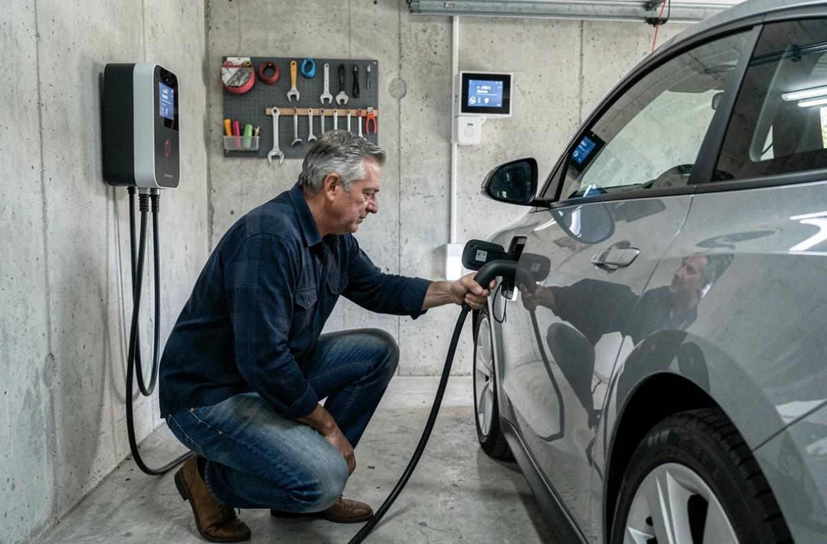 Homme chargeant sa voiture électrique dans un garage en période d'heures creuses EDF
