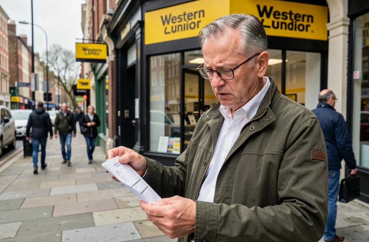 Homme comparant un reçu Western Union à ses notes devant une agence en ville pour corriger une erreur de virement international