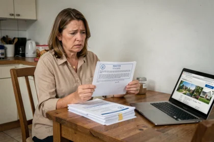 Femme tenant une lettre de refus d'assurance loyer impayé à son domicile, entourée de documents locatifs