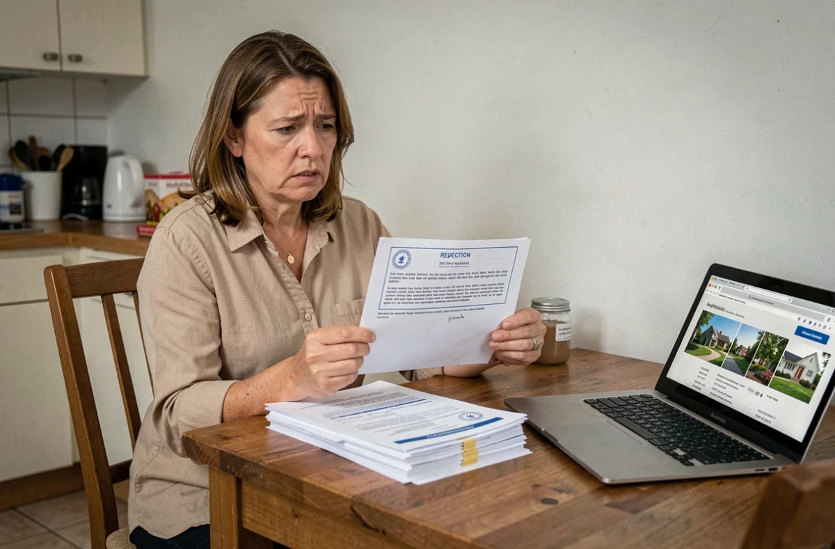 Femme tenant une lettre de refus d'assurance loyer impayé à son domicile, entourée de documents locatifs