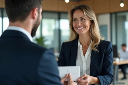 Une professionnelle remet une carte cadeau Kadéos Infini à un collègue dans un bureau moderne, illustrant l'optimisation des cadeaux d'entreprise