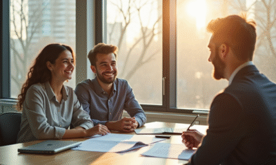 Jeune couple souriant rencontrant un banquier dans un bureau lumineux