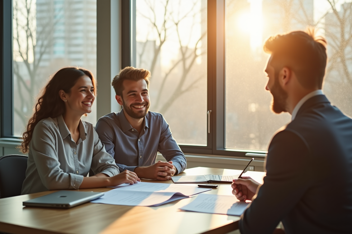 Jeune couple souriant rencontrant un banquier dans un bureau lumineux