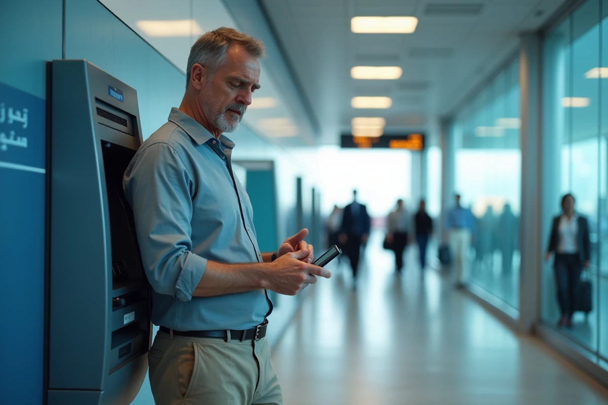 Homme retirant des dirhams à un distributeur automatique dans le couloir de l'aéroport de Dubaï