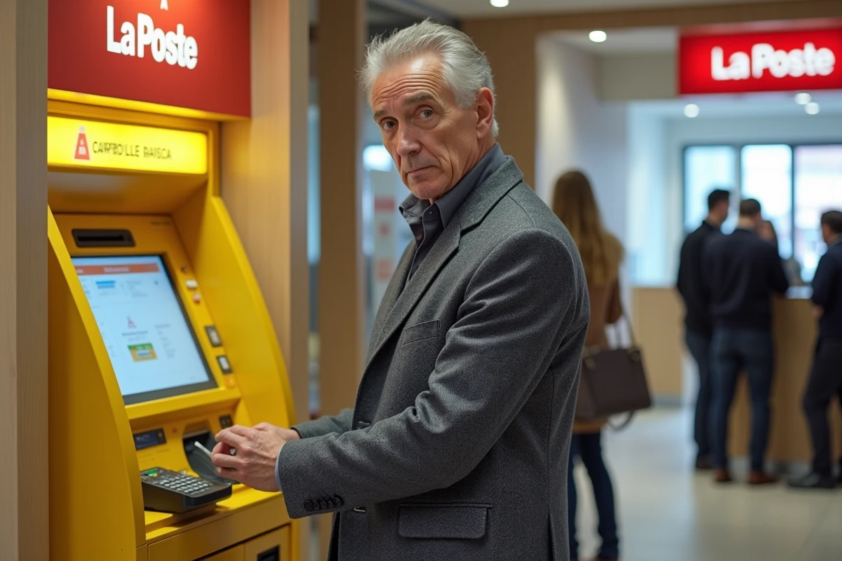 Homme vérifiant ses alentours avant un retrait sécurisé au distributeur intérieur de La Banque Postale