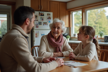 Femme retraitée avec son fils et petite fille dans la cuisine