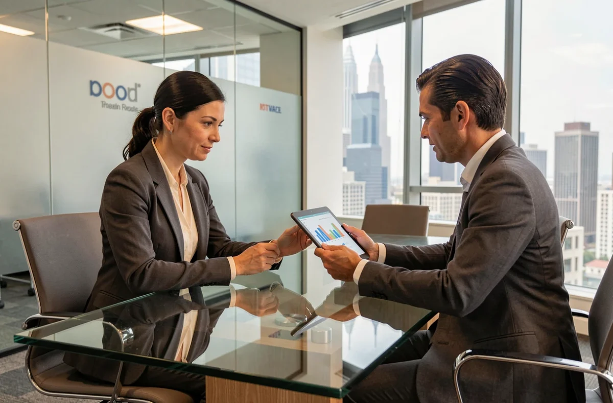 Femme investisseur en réunion avec un conseiller financier pour évaluer une SCPI privée