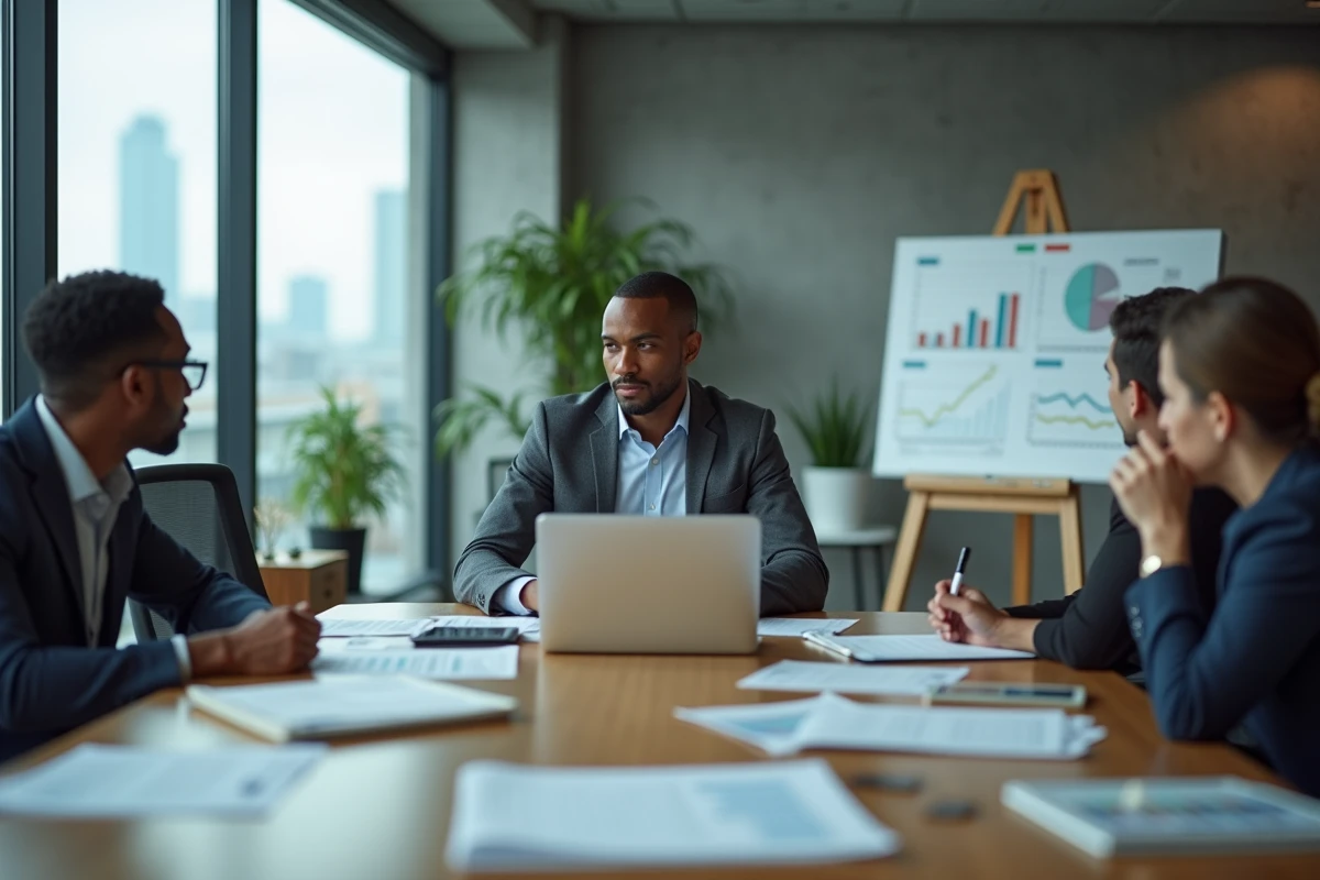 Réunion d'affaires stratégique entre investisseurs autour d'une table de conférence avec graphiques financiers, illustrant la construction d'un patrimoine après une carrière sportive