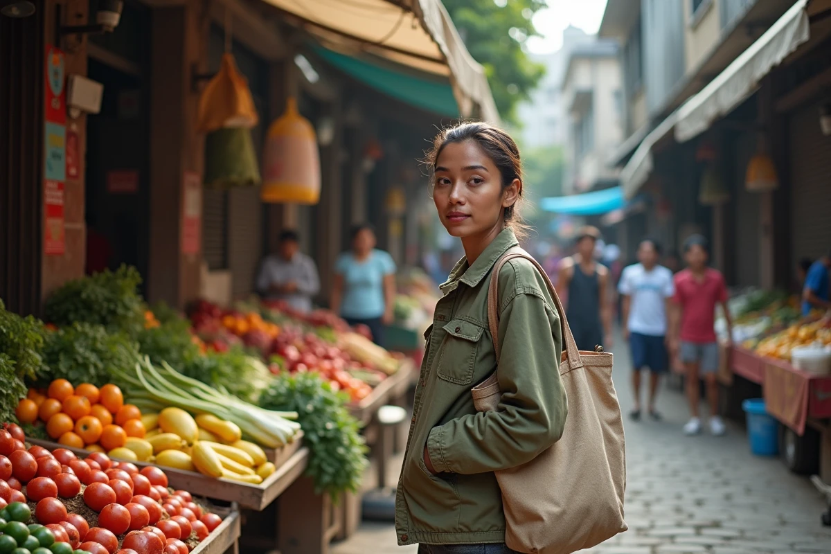 Jeune femme dans un marché de rue animé illustrant la richesse communautaire et les indicateurs de bien-être souvent ignorés par les classements économiques mondiaux