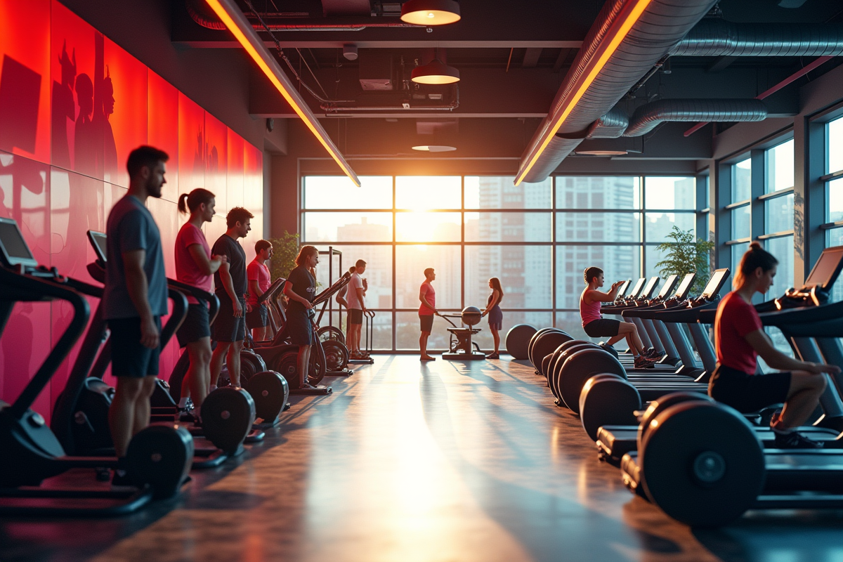 Salle de gym moderne avec équipement haut de gamme et lumière naturelle