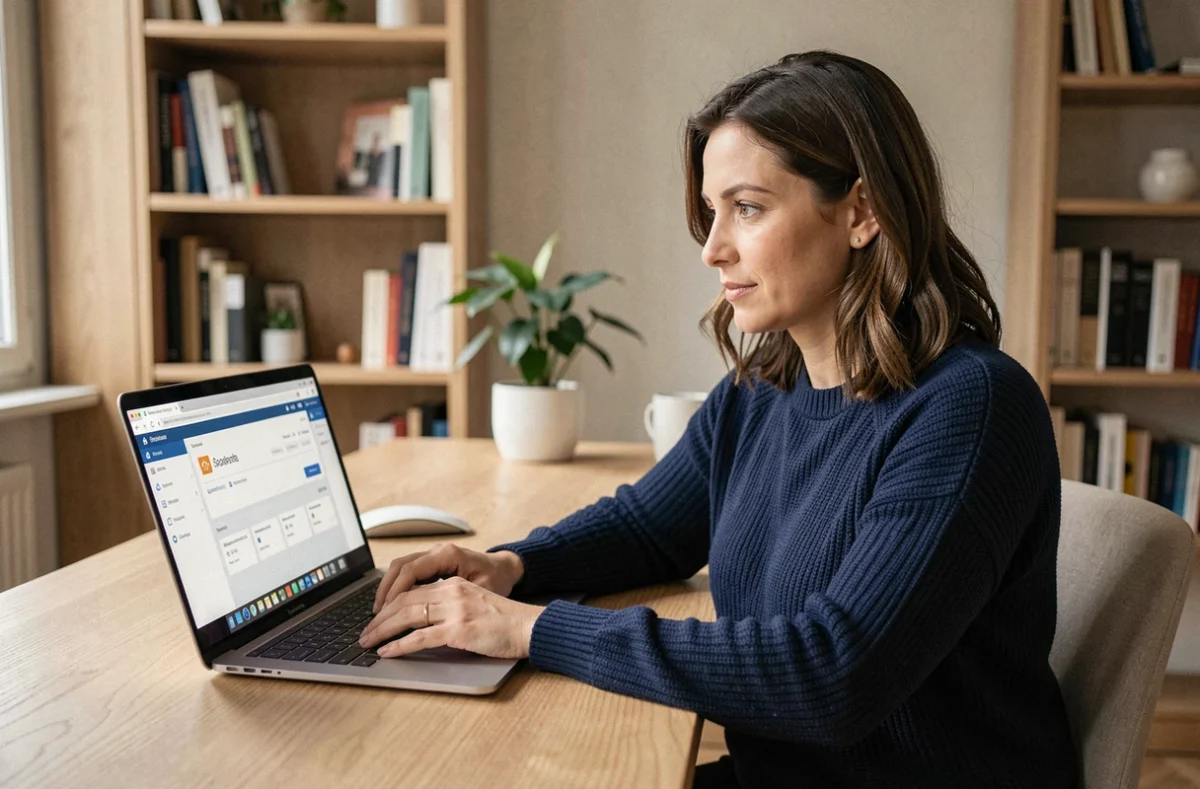 Femme utilisant un espace bancaire sécurisé en ligne sur son ordinateur portable à domicile