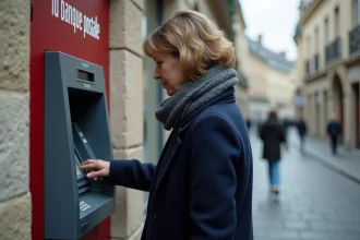 Femme protégeant son code PIN au distributeur automatique de La Banque Postale dans une rue française