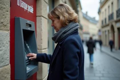 Femme protégeant son code PIN au distributeur automatique de La Banque Postale dans une rue française
