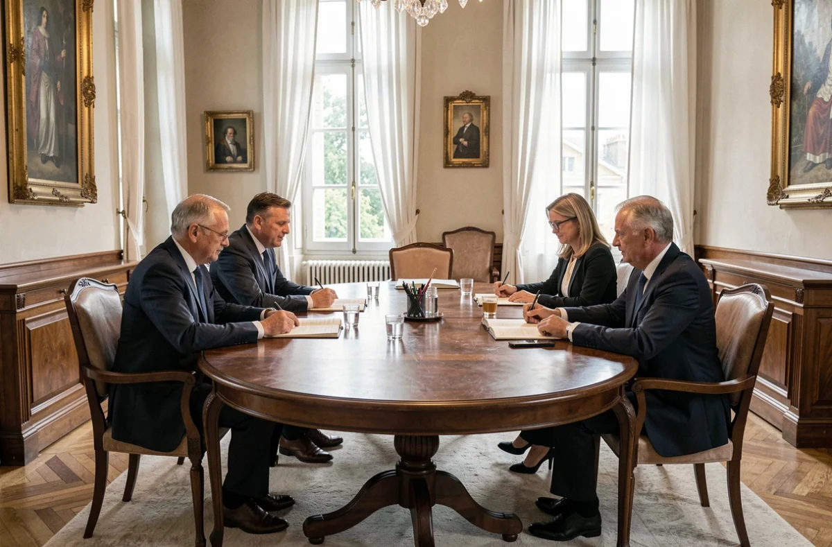 Quatre notaires associés de la SELAS Brulport Thiriet Fournier et Bernardini réunis autour d'une table de conférence en bois