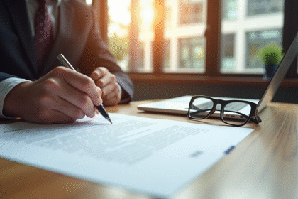 Main signant un contrat d'assurance sur un bureau moderne