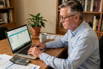 Homme consultant un simulateur de frais kilométriques sur ordinateur avec des documents fiscaux sur son bureau