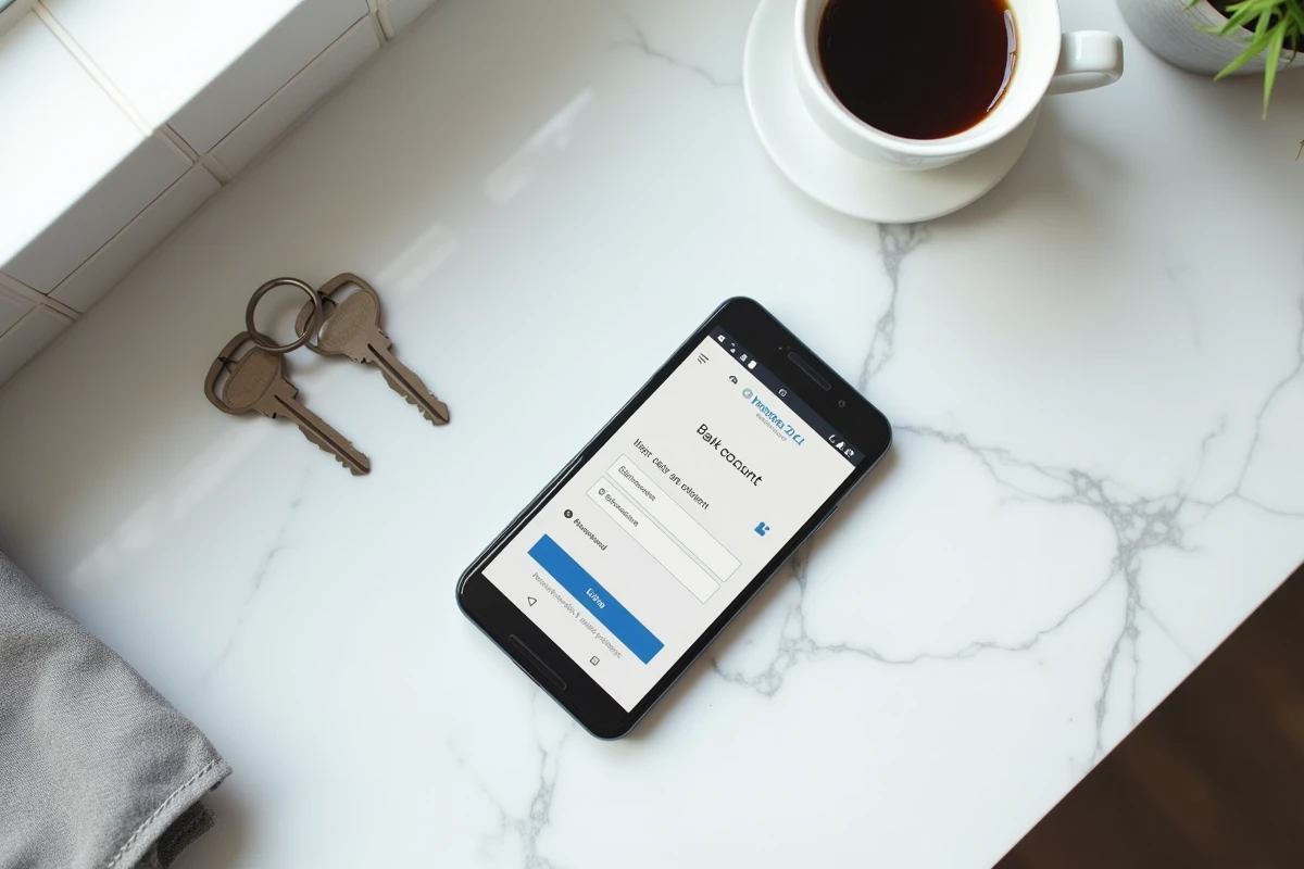 Vue aérienne d'un smartphone affichant une erreur de connexion bancaire posé sur un comptoir de cuisine en marbre
