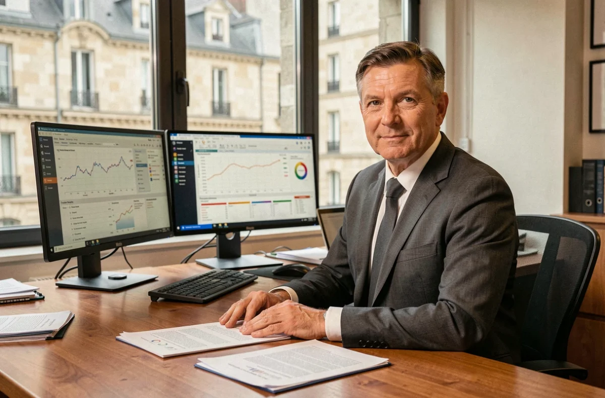 Conseiller en gestion de patrimoine spécialisé à Caen, bureau avec vue sur l'architecture en pierre normande et station de travail avec logiciel financier