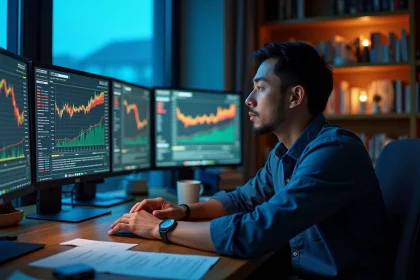 Trader particulier analysant l'ouverture de la bourse asiatique sur plusieurs écrans dans un bureau à domicile à l'aube