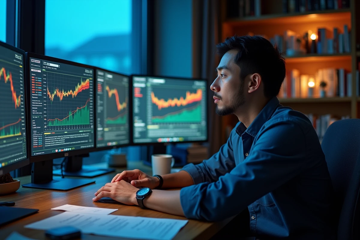 Trader particulier analysant l'ouverture de la bourse asiatique sur plusieurs écrans dans un bureau à domicile à l'aube
