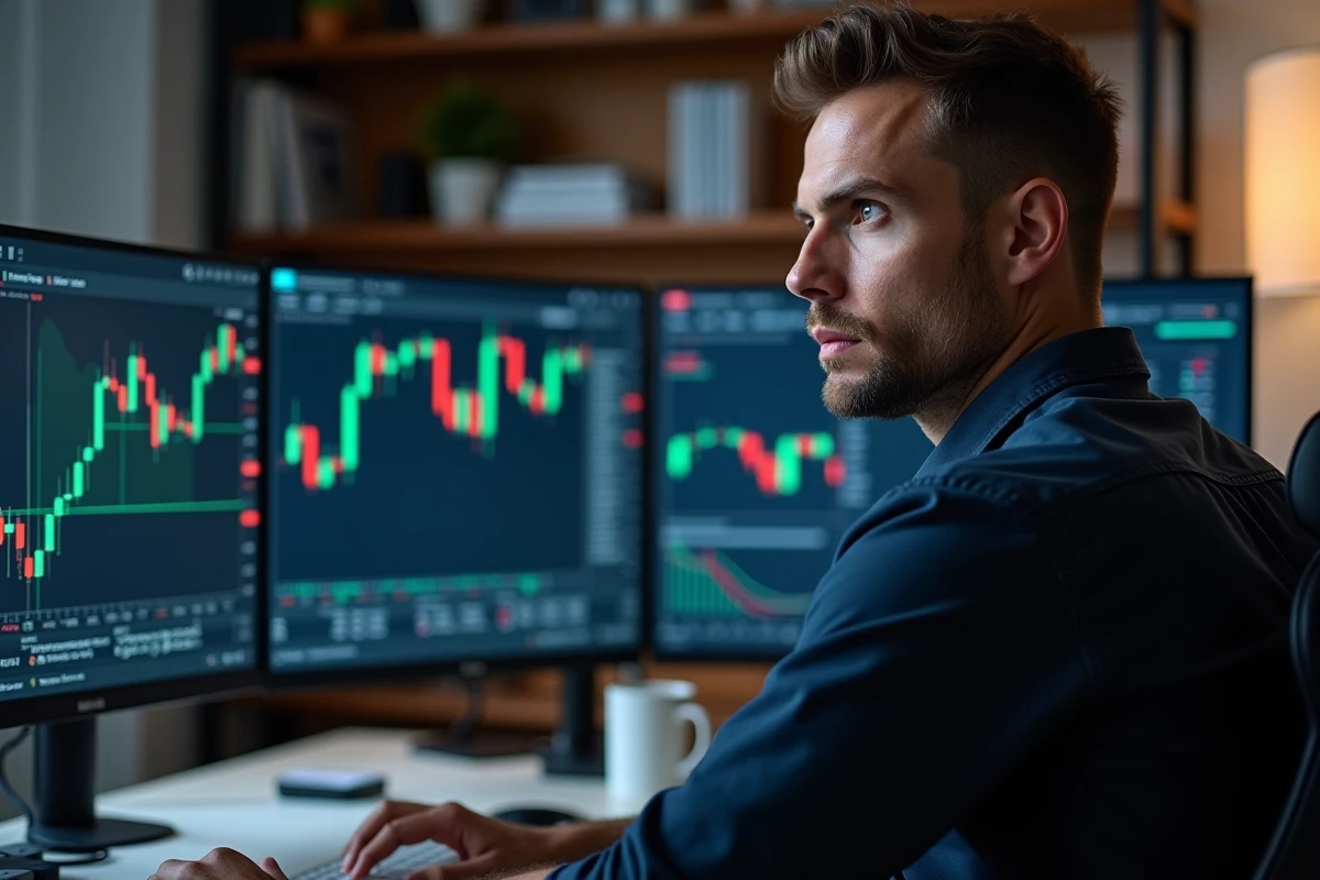 Trader professionnel analysant les résultats d'un robot de trading algorithmique sur plusieurs écrans de graphiques forex
