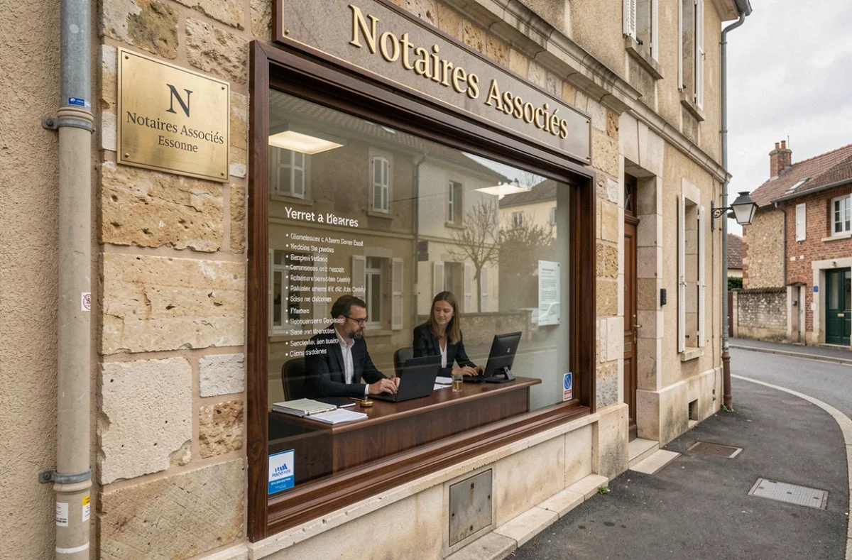 Façade de l'office notarial Vanysacker et Sottiaux à Yerres avec plaque en laiton et vitrine professionnelle