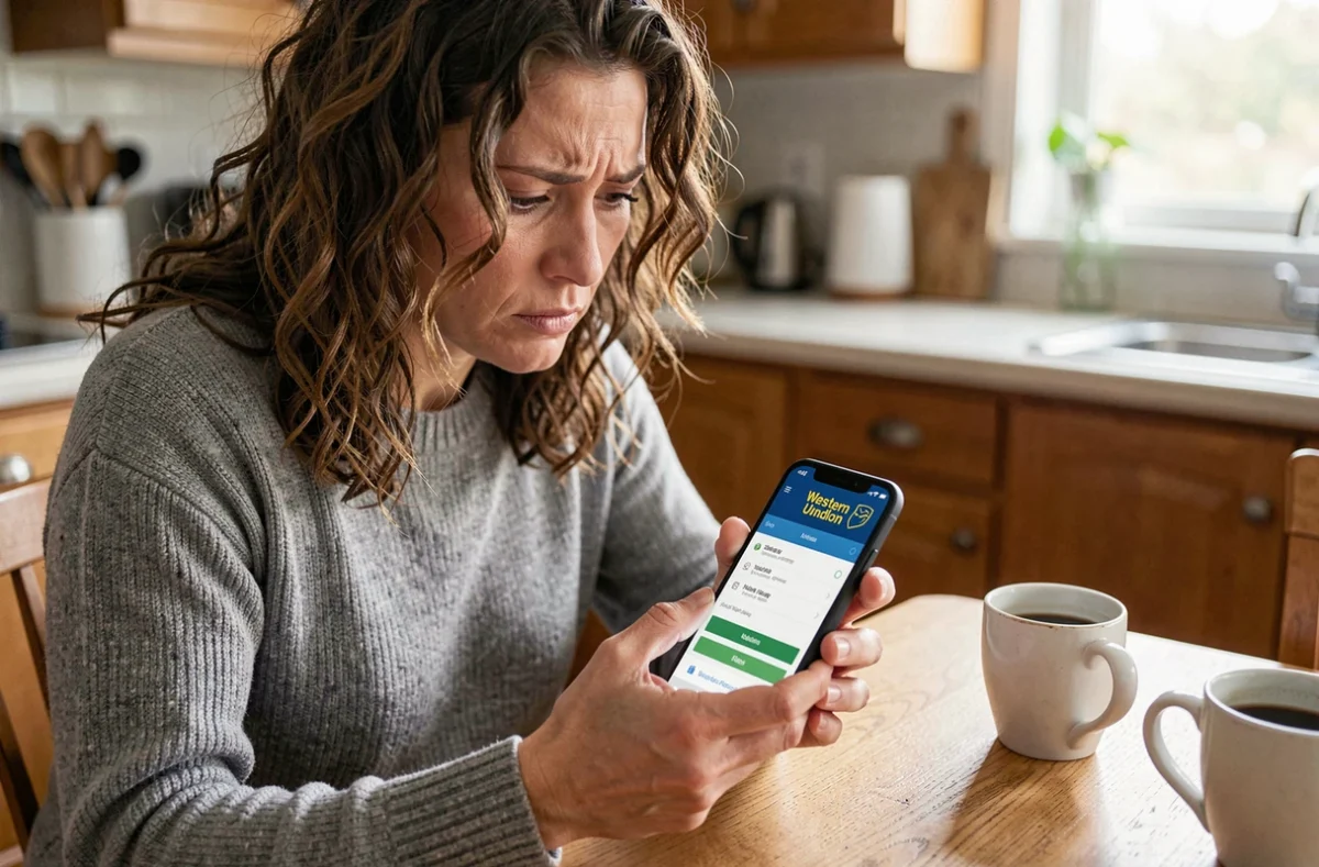 Femme vérifiant une transaction Western Union sur son smartphone à domicile pour repérer une erreur de transfert d'argent