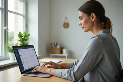 Femme utilisant un service de virement bancaire en ligne sur son ordinateur portable depuis son bureau à domicile