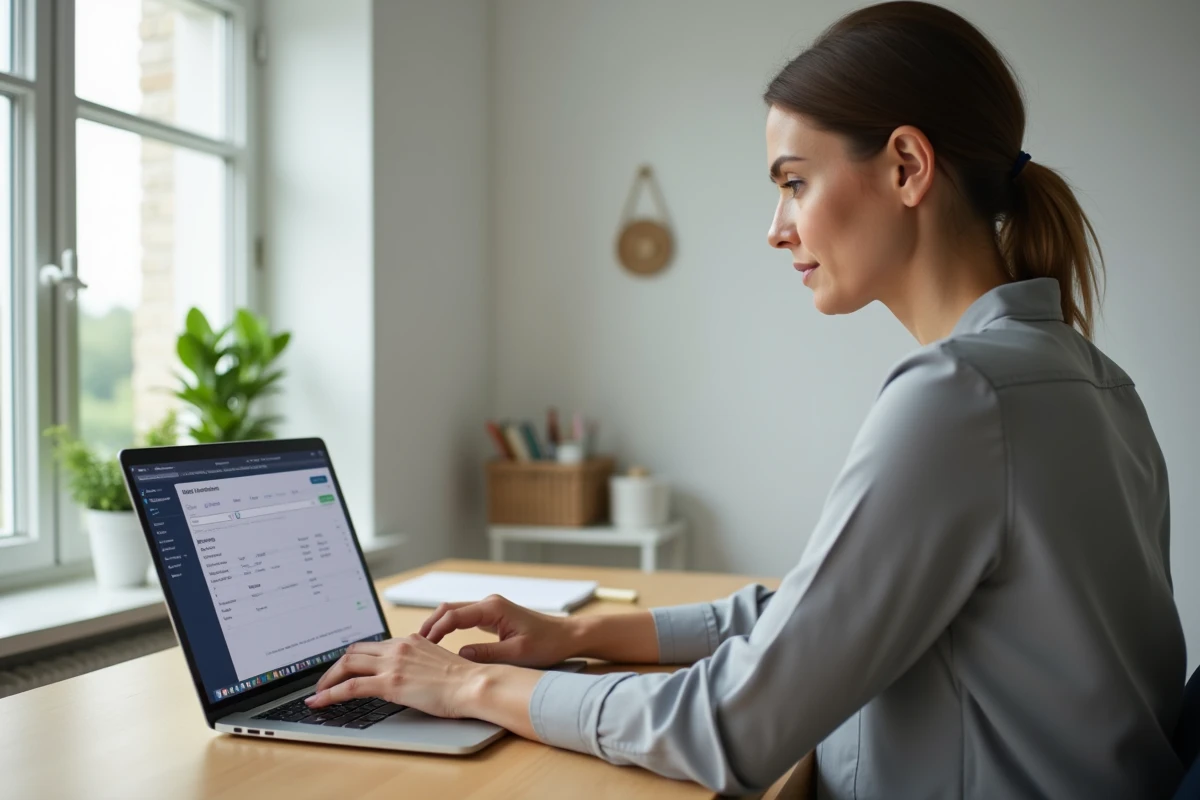Femme utilisant un service de virement bancaire en ligne sur son ordinateur portable depuis son bureau à domicile